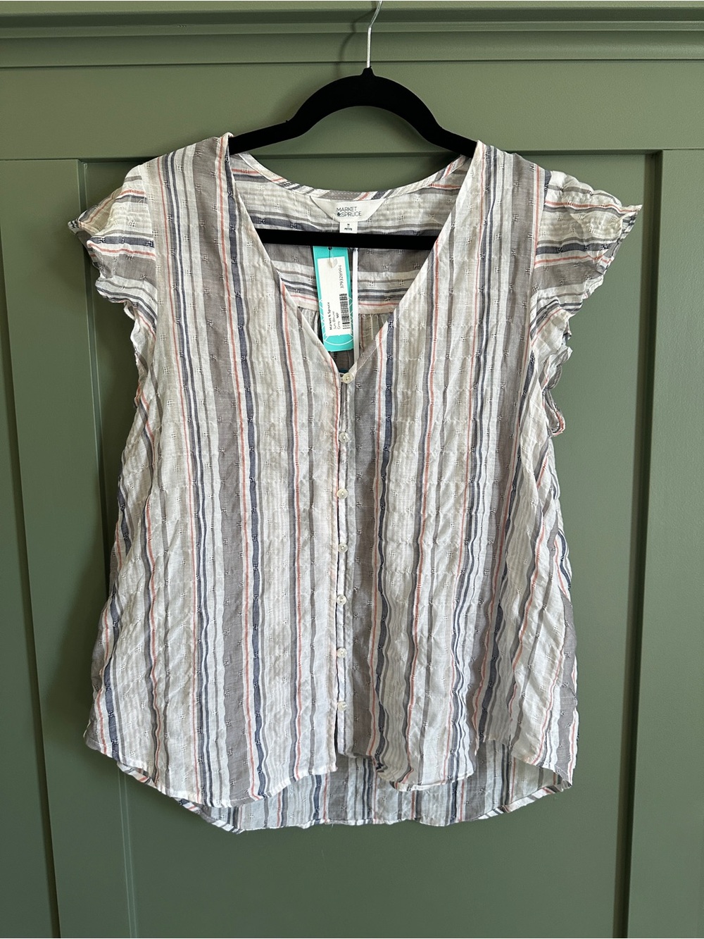 Market & Spruce Striped V-Neck Button Blouse in White, Blue & Pink